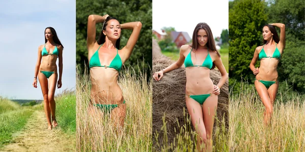 Young slim models in a green bikini — Stock Photo, Image