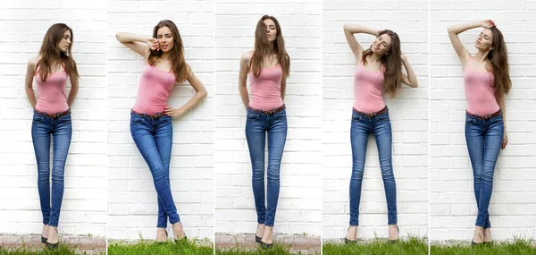 Retrato de uma mulher bonita em jeans azuis — Fotografia de Stock