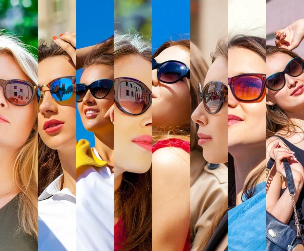 Un collage de belleza. Rostros de mujeres con gafas. Grupo de personas. Fa —  Fotos de Stock