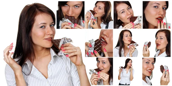 Collage, Joven morena comiendo un caramelo de chocolate — Foto de Stock