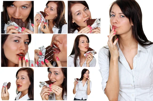 Collage, Joven morena comiendo un caramelo de chocolate —  Fotos de Stock