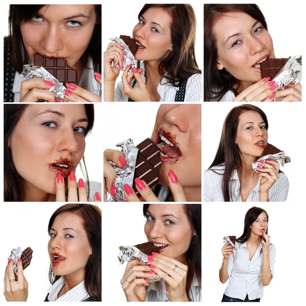 Collage, Joven morena comiendo un caramelo de chocolate — Foto de Stock