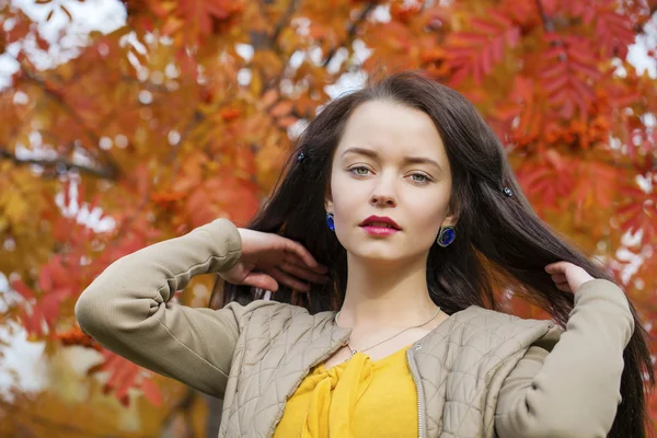 Jovem bela mulher morena posando ao ar livre no parque de outono — Fotografia de Stock