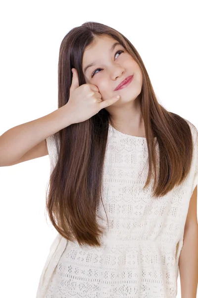 Una niña haciendo un gesto de llamarme, contra el fondo blanco — Foto de Stock