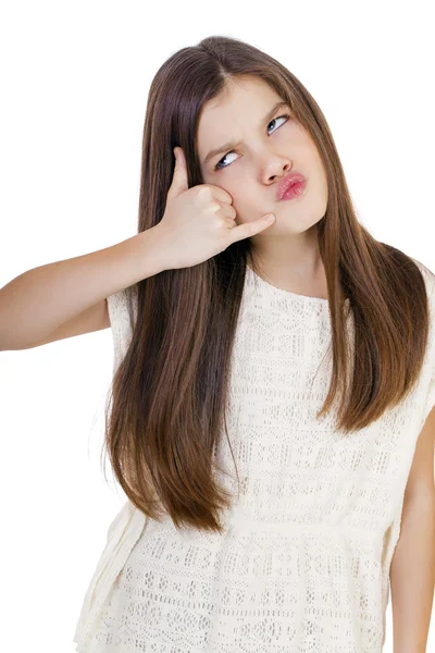 Uma menina fazendo um chamado me gesto, contra backgrou branco — Fotografia de Stock