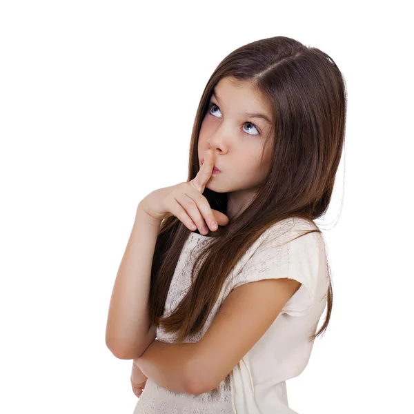 Little girl has put forefinger to lips as sign of silence — Stock Photo, Image