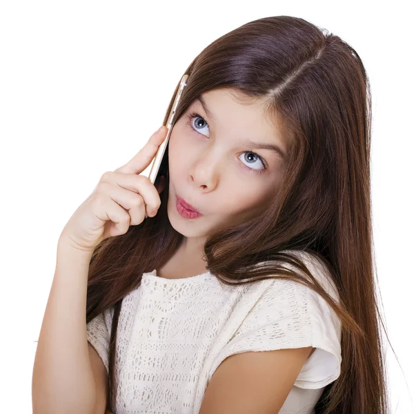 Porträt der brünetten kaukasischen Schülerin telefonisch — Stockfoto