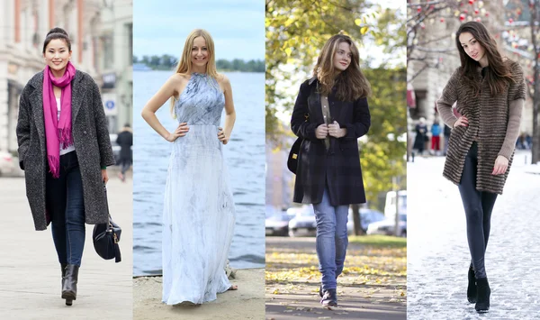 Collage de cuatro modelos diferentes en ropa de moda para el —  Fotos de Stock