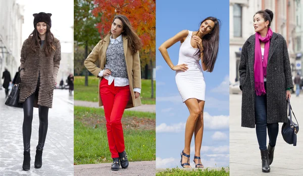 Collage of four different models in fashionable clothes for the — Stock Photo, Image