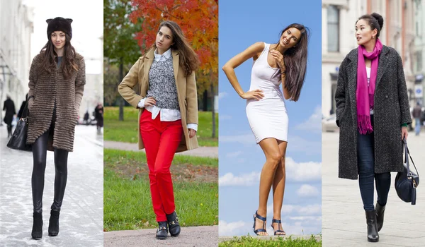 Collage de cuatro modelos diferentes en ropa de moda para el — Foto de Stock