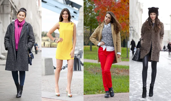 Collage of four different models in fashionable clothes for the — Stock Photo, Image