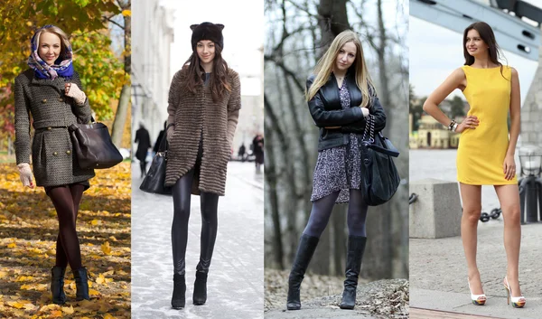 Collage of four different models in fashionable clothes for the — Stock Photo, Image