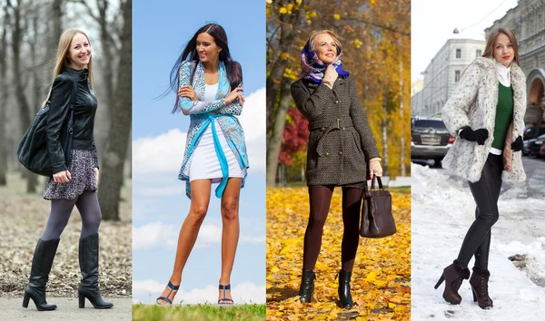 Collage of four different models in fashionable clothes for the — Stock Photo, Image