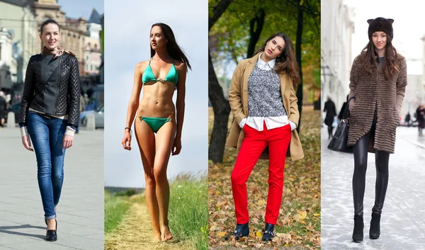 Collage of four different models in fashionable clothes for the — Stock Photo, Image