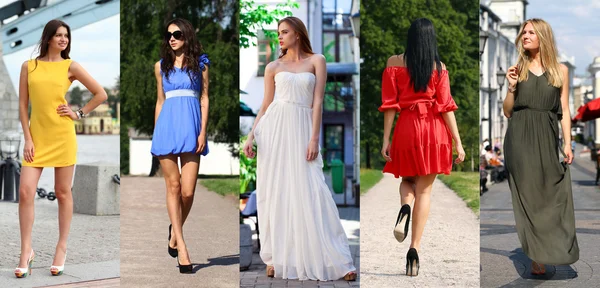 Колаж з п'яти красивих моделей в кольорових літніх сукнях — стокове фото
