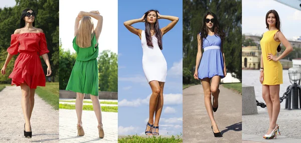 拼贴的五个漂亮的模特穿着彩色夏季连衣裙 — 图库照片