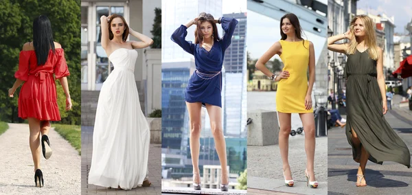 Colagem de cinco belos modelos em vestidos de verão coloridos — Fotografia de Stock