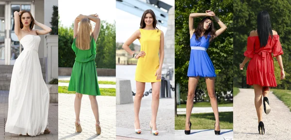 Collage of five beautiful models in colored summer dresses — Stock Photo, Image