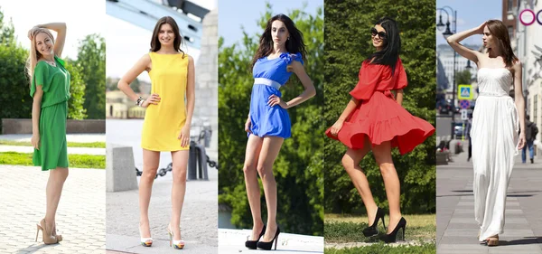 Koláž z pěti krásných modelů v barevné letní šaty — Stock fotografie