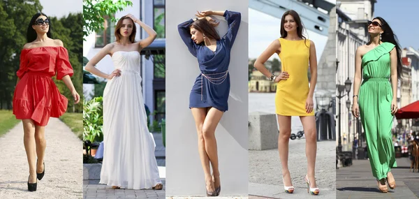 Колаж з п'яти красивих моделей в кольорових літніх сукнях — стокове фото