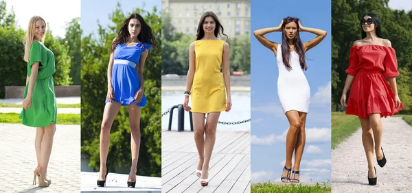 Collage of five beautiful models in colored summer dresses — Stock Photo, Image