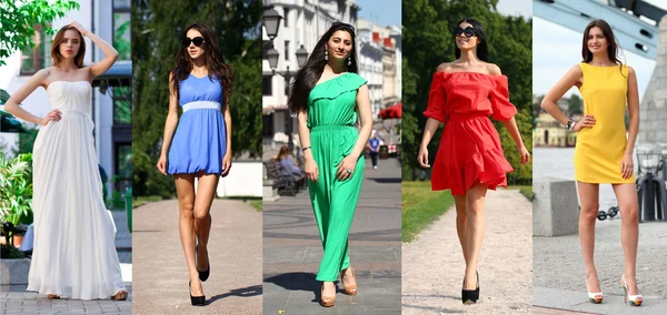 Collage av fem vackra modeller i färgade sommar klänningar — Stockfoto