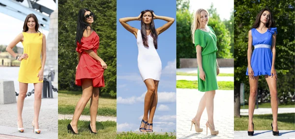 Collage of five beautiful models in colored summer dresses — Stock Photo, Image