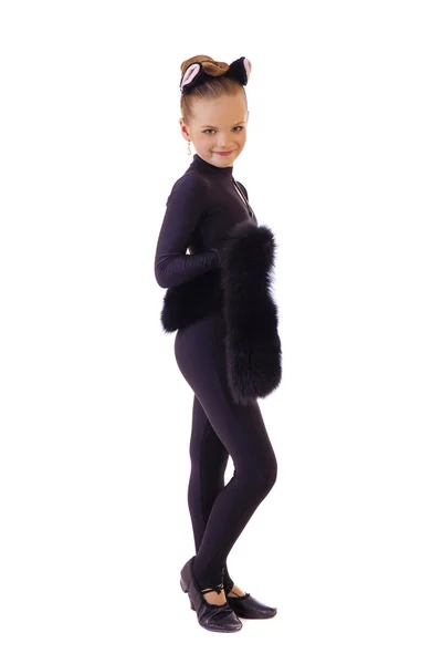 Nice little girl dressed as black cat. Isolated on white — Stock Photo, Image