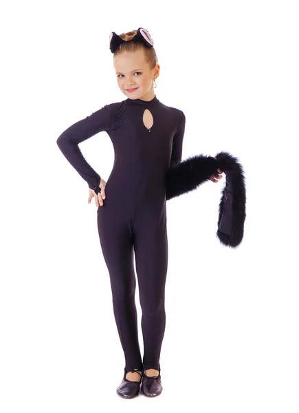 Menina bonita vestida de gato preto. Isolado em branco — Fotografia de Stock