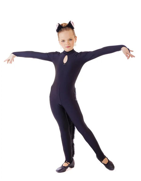 Nice little girl dressed as black cat. Isolated on white — Stock Photo, Image