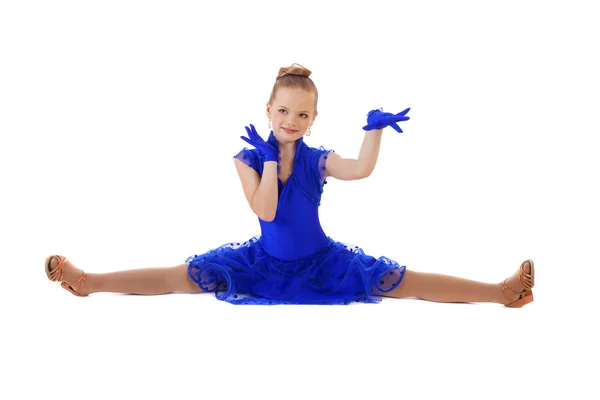 Happy little girl in blue dancing dress — Stock Photo, Image