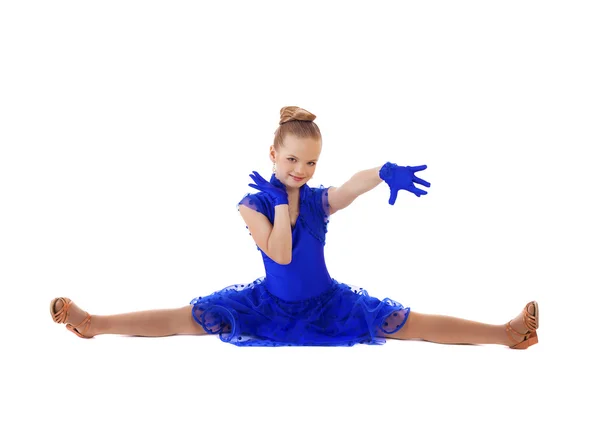 Happy little girl in blue dancing dress — Stock Photo, Image