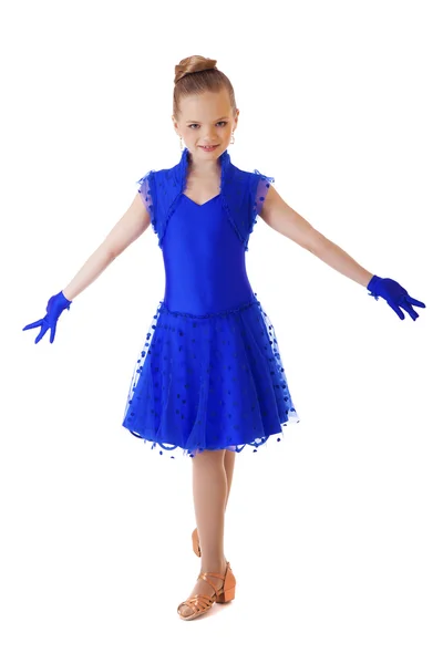 Happy little girl in blue dancing dress — Stock Photo, Image