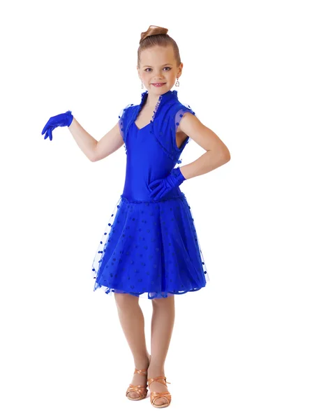 파란색 드레스 춤 행복 한 어린 소녀 — 스톡 사진