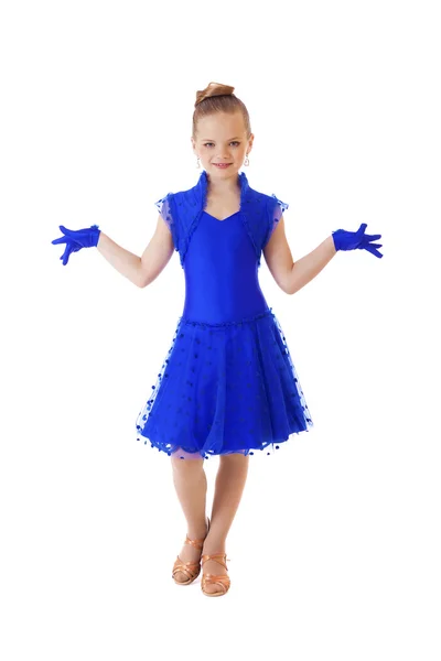 Happy little girl in blue dancing dress — Stock Photo, Image