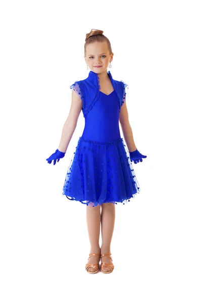 Happy little girl in blue dancing dress — Stock Photo, Image