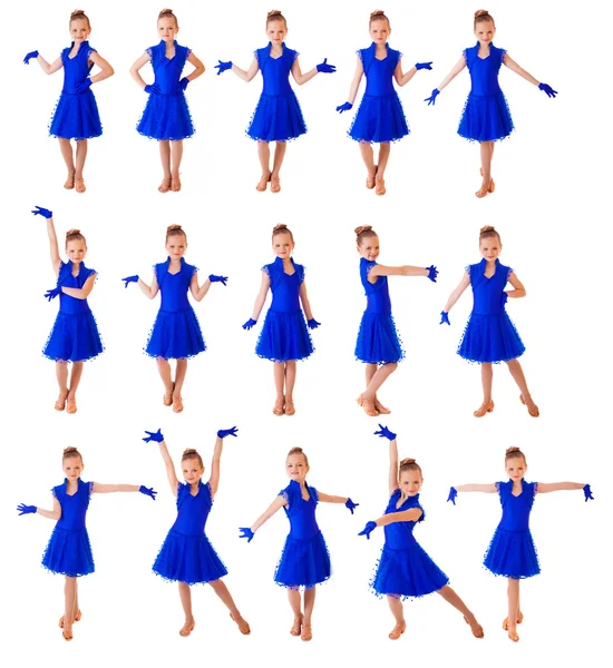 Mała tancerka w piękną niebieską sukienkę, na białym tle na biały bac — Zdjęcie stockowe