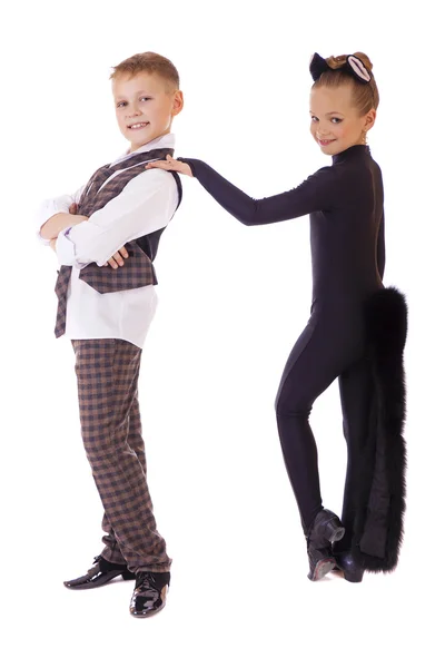 Dancing little girl dressed as a cat and a boy in a plaid vest — Stock Photo, Image