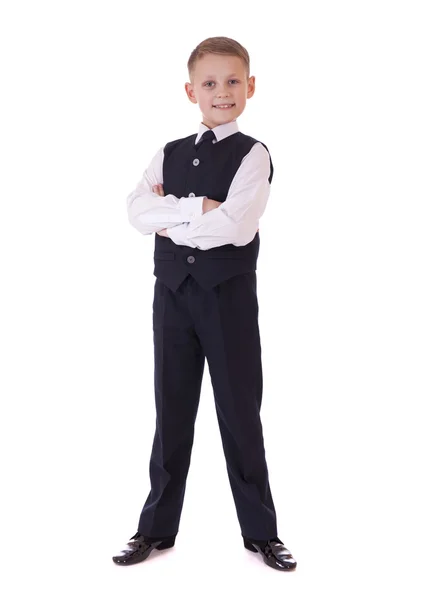 Retrato de longitud completa de un niño en un traje de pie con bolsa de escuela —  Fotos de Stock