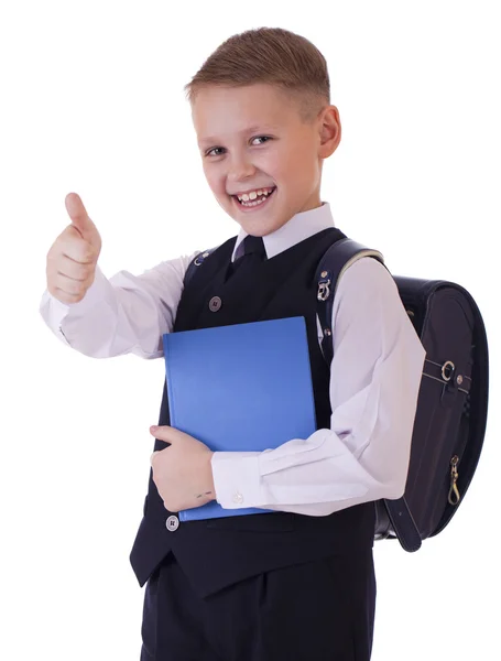 Caucasian school boy on white background with copy space — Stock Photo, Image