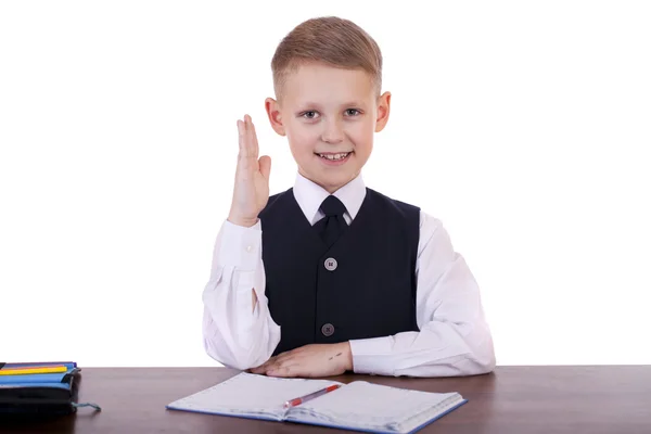 Kaukasiska skola pojke vid sitt skrivbord på vit bakgrund med kopia s — Stockfoto