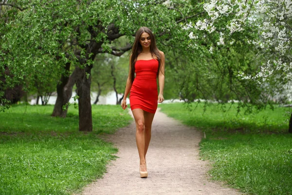Glückliche junge Frau im roten Kleid vor dem Hintergrund des Frühlings flo — Stockfoto