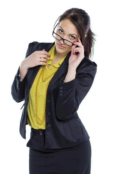 Young business woman with eyeglasses isolated white background — Stock Photo, Image