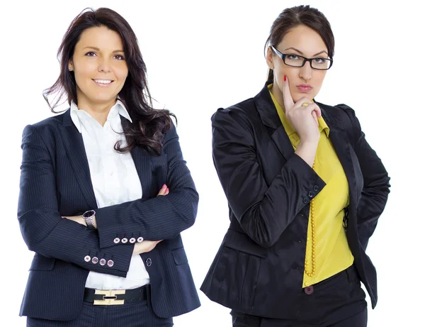 Two Young business women with eyeglasses isolated white backgrou — Stock Photo, Image