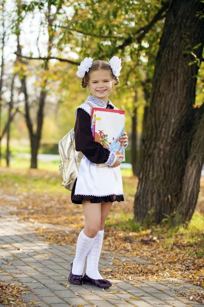 Glad liten skolflicka i höst park — Stockfoto