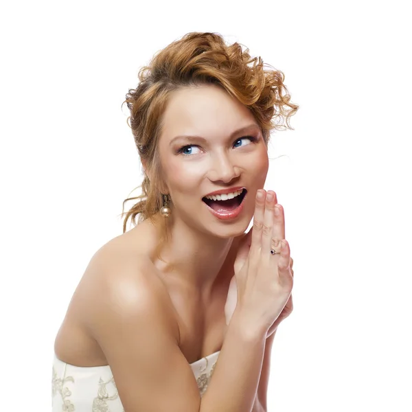 Happy beautiful young bride portrait in white background — Stock Photo, Image