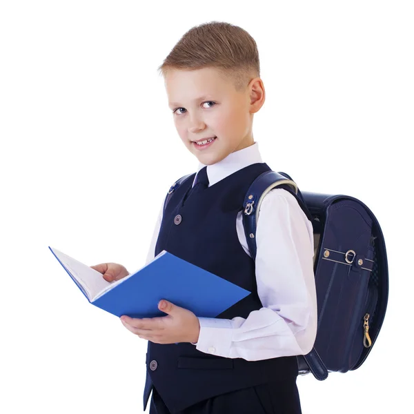 Caucasian school boy on white background with copy space — Stock Photo, Image