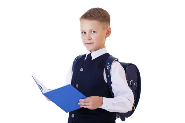 Kaukasische school jongen op witte achtergrond met kopie ruimte — Stockfoto