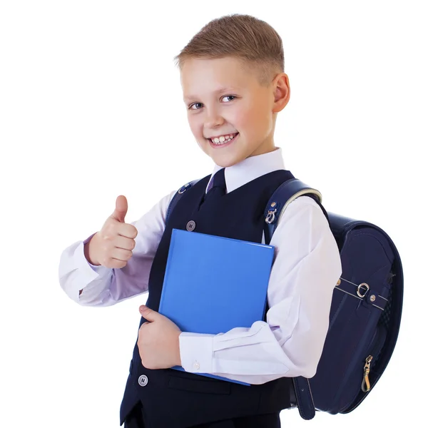 Caucasiano menino da escola no fundo branco com espaço de cópia — Fotografia de Stock