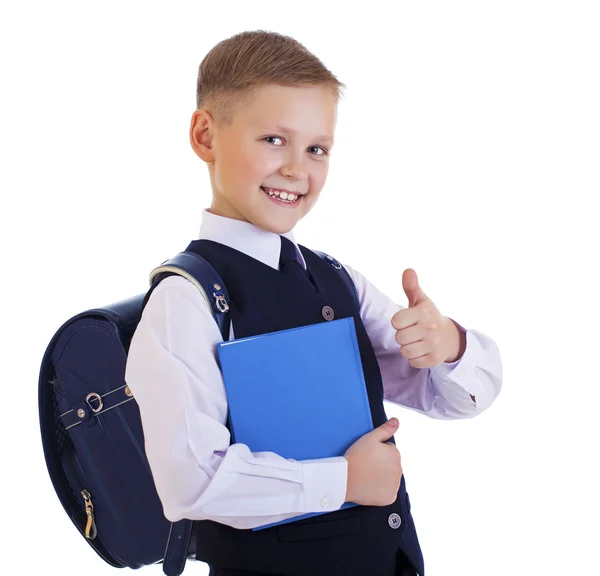 Caucasian school boy on white background with copy space — Stock Photo, Image